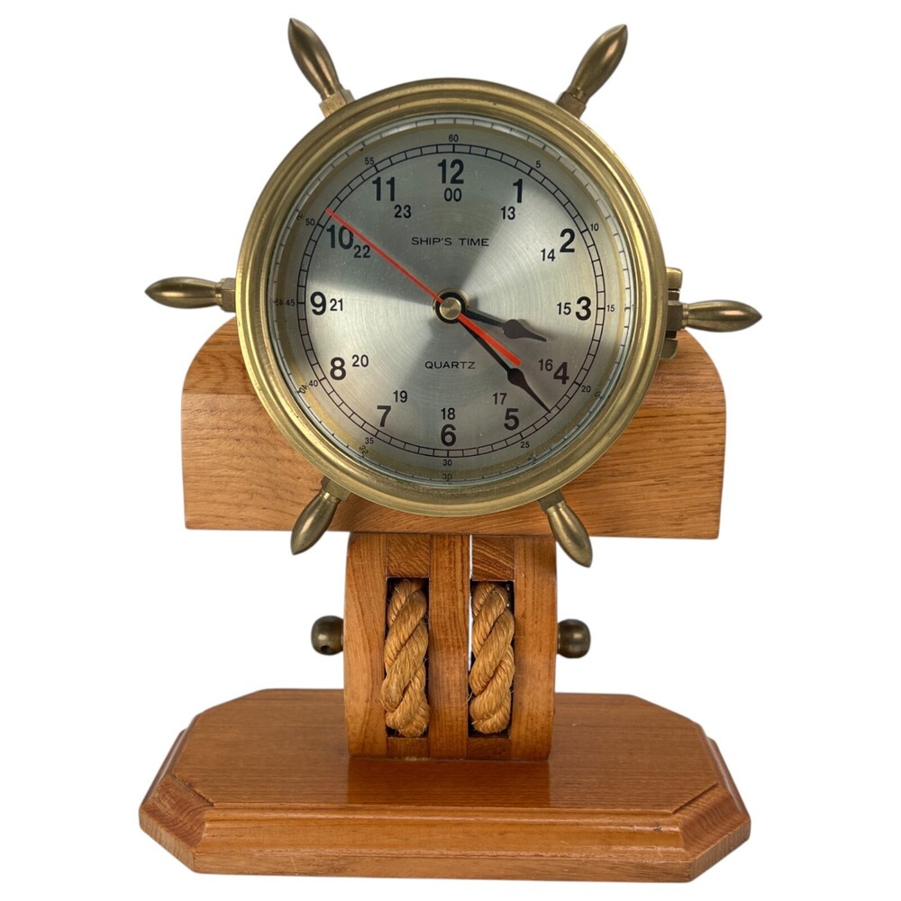 Maritime Ship's Wheel Clock Brass Wood Mantel Table Shelf Desk VTG Cottagecore